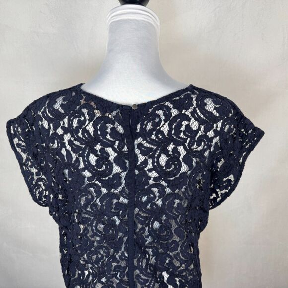 Loft Women Sz L Navy Lace Crochet Round Neck Cap Sleeve - Picture 5 of 6